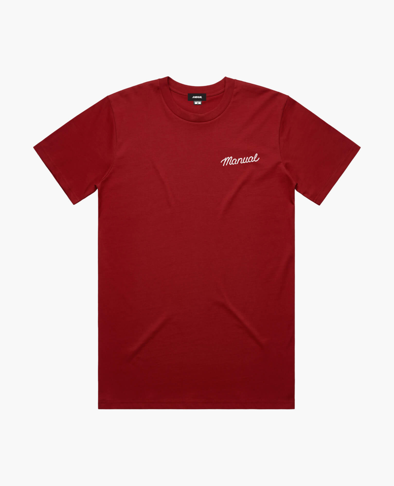 A product photo of the Manual Diner t-shirt in cardinal red. Showing the front print.
