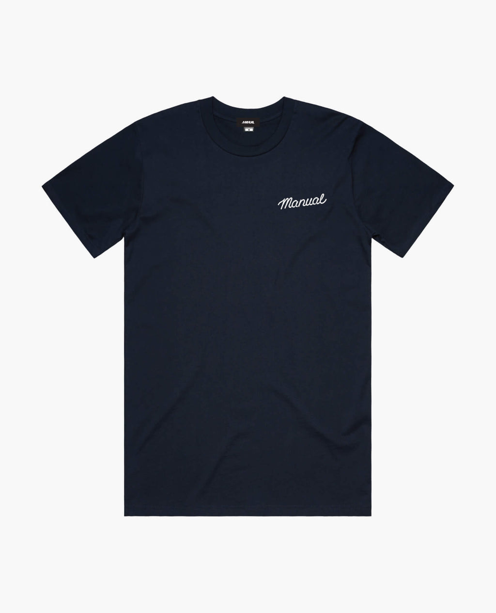 A product photo of the Manual Diner t-shirt in navy. Showing the front print.