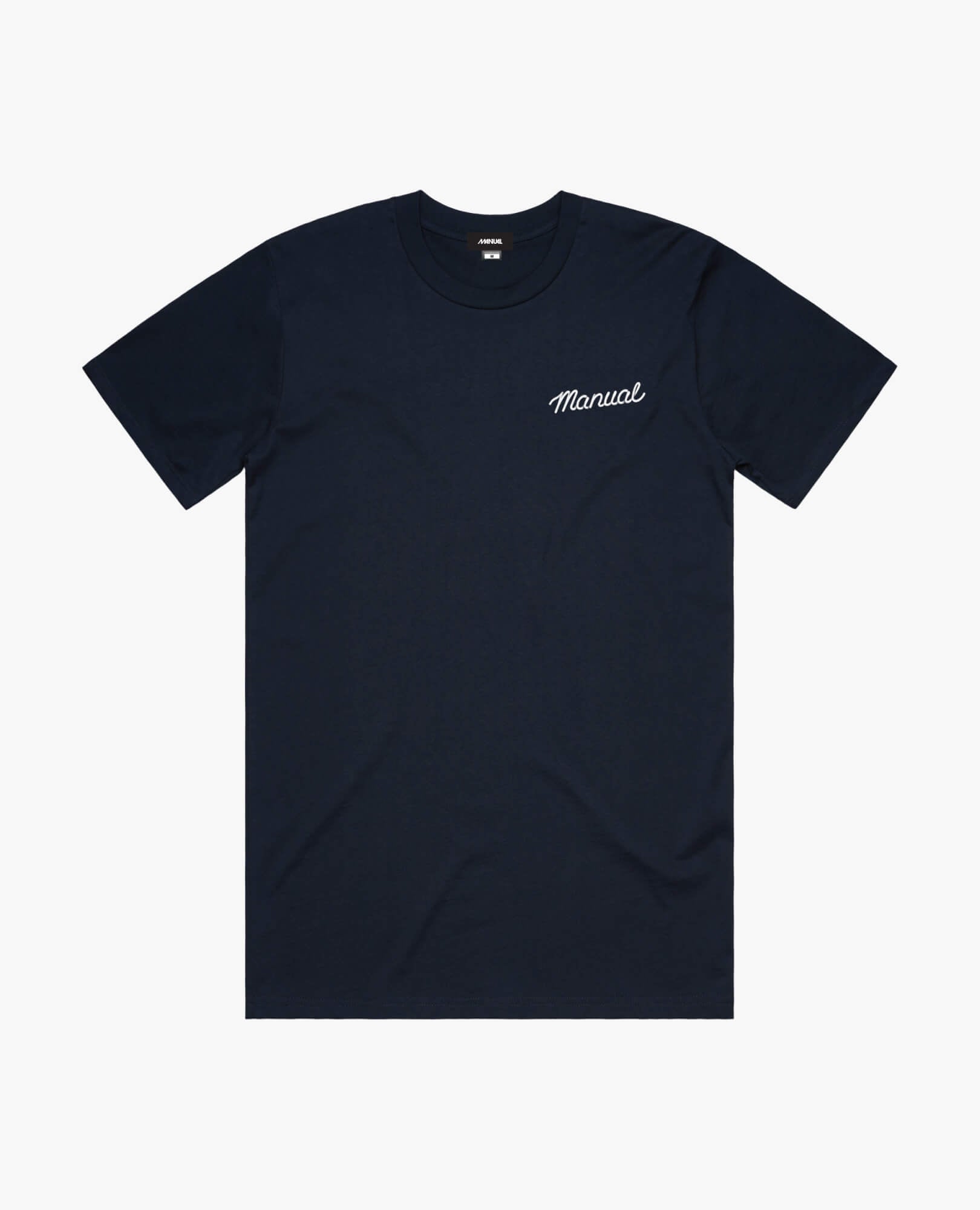 A product photo of the Manual Diner t-shirt in navy. Showing the front print.