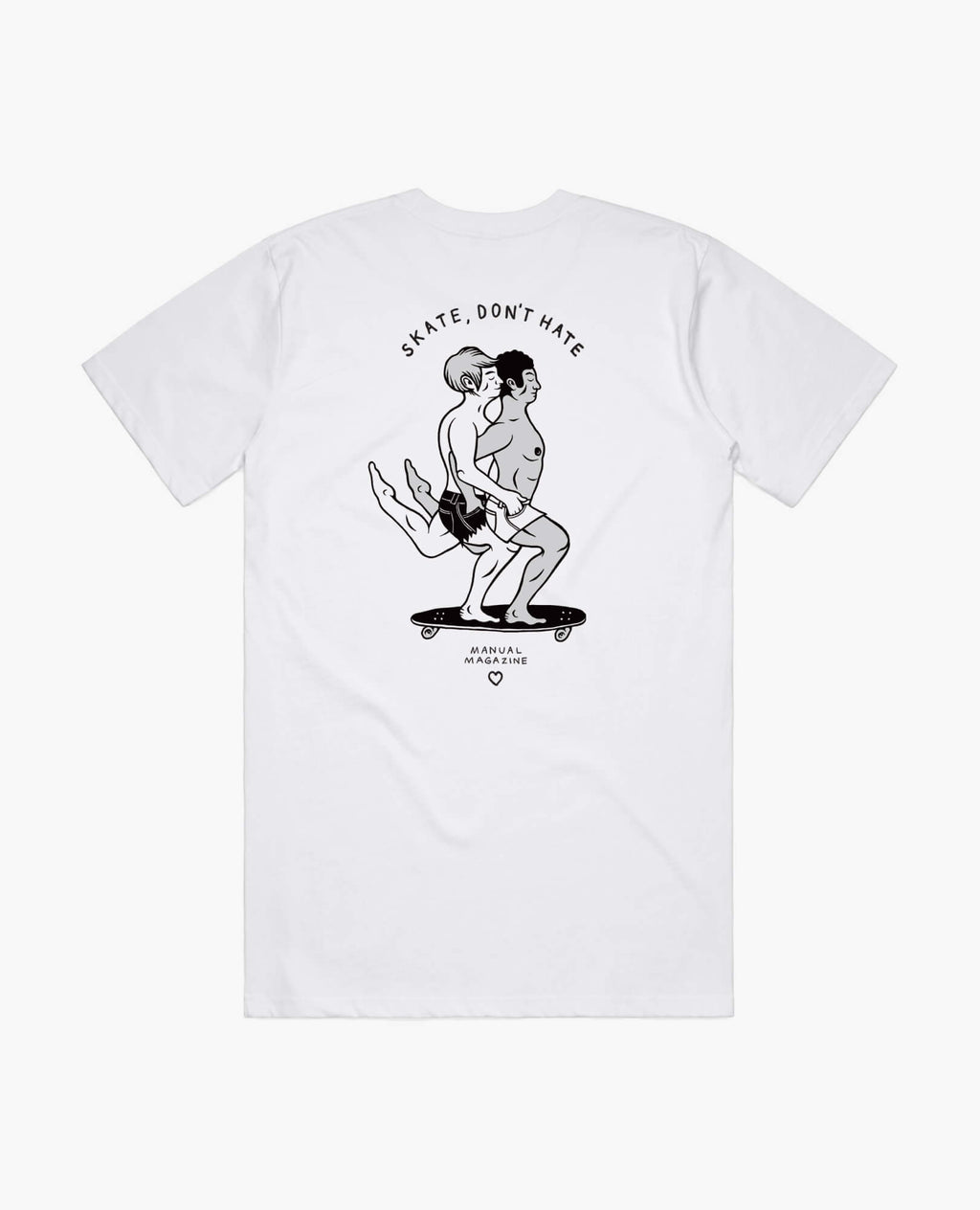 A product photo of the Manual Skate, Don't Hate t-shirt in white. Showing the back print.