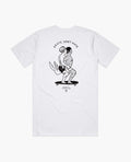 A product photo of the Manual Skate, Don't Hate t-shirt in white. Showing the back print.