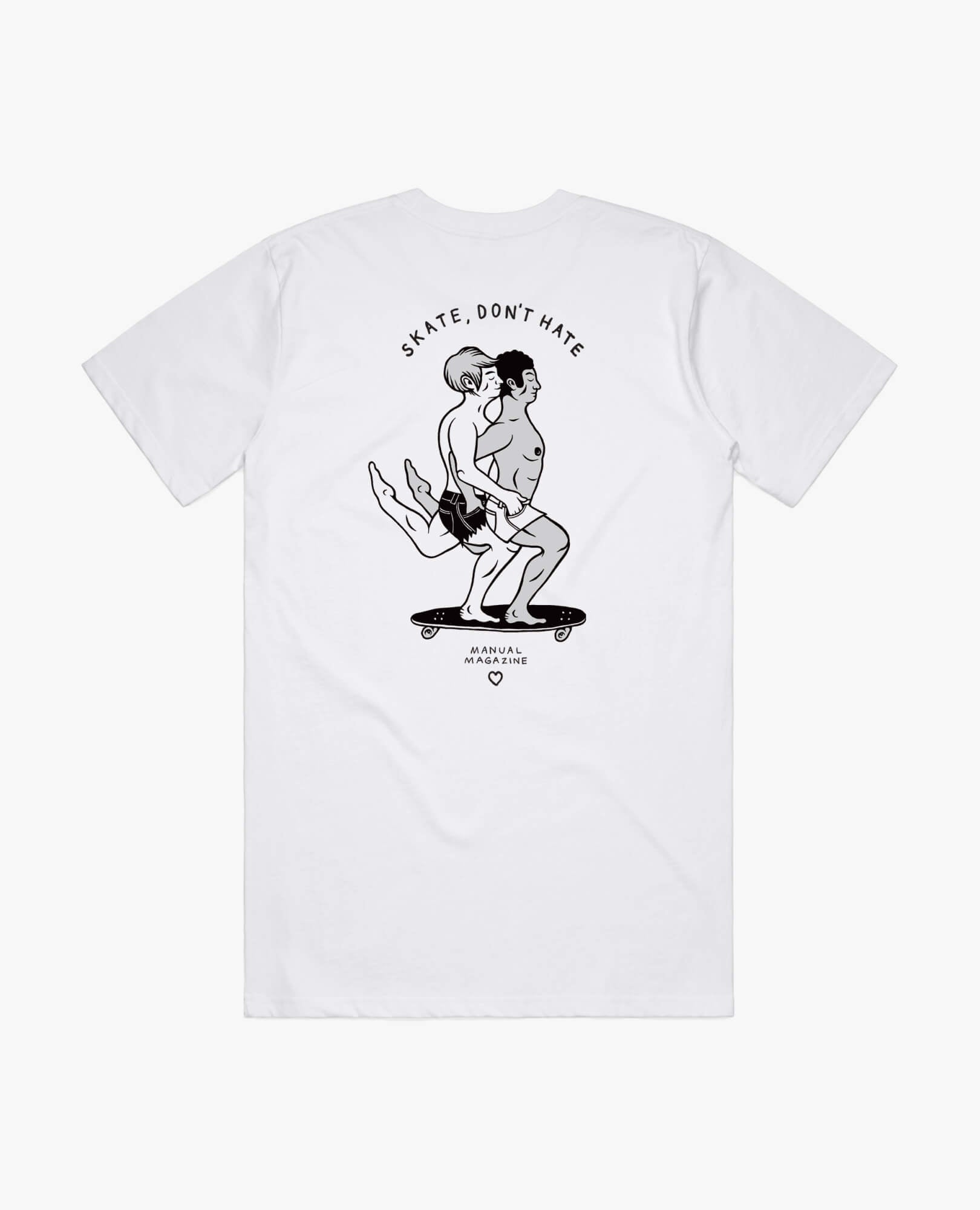 A product photo of the Manual Skate, Don't Hate t-shirt in white. Showing the back print.
