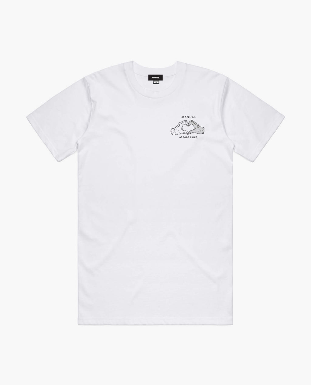 A product photo of the Manual Skate, Don't Hate t-shirt in white. Showing the front print.