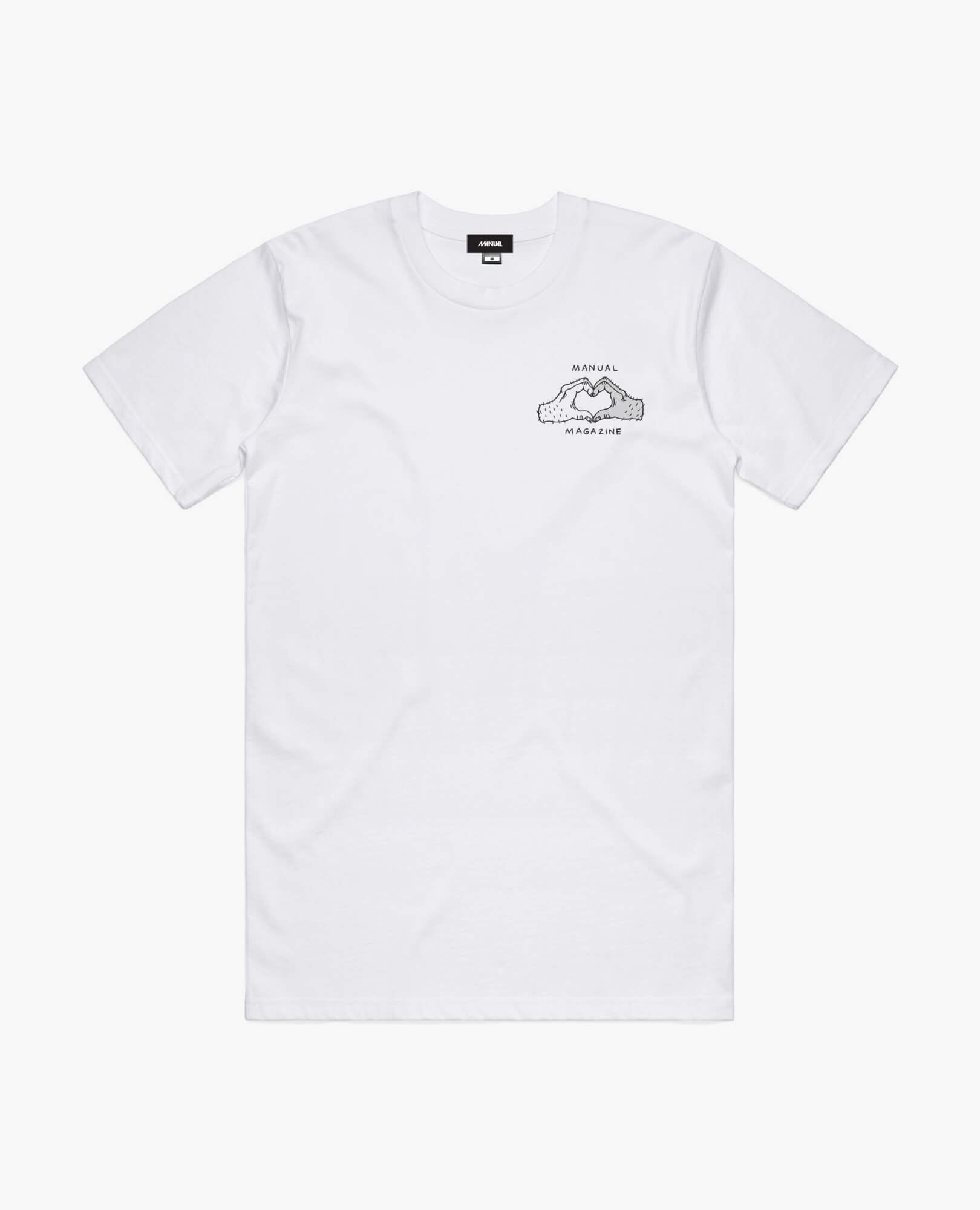 A product photo of the Manual Skate, Don't Hate t-shirt in white. Showing the front print.