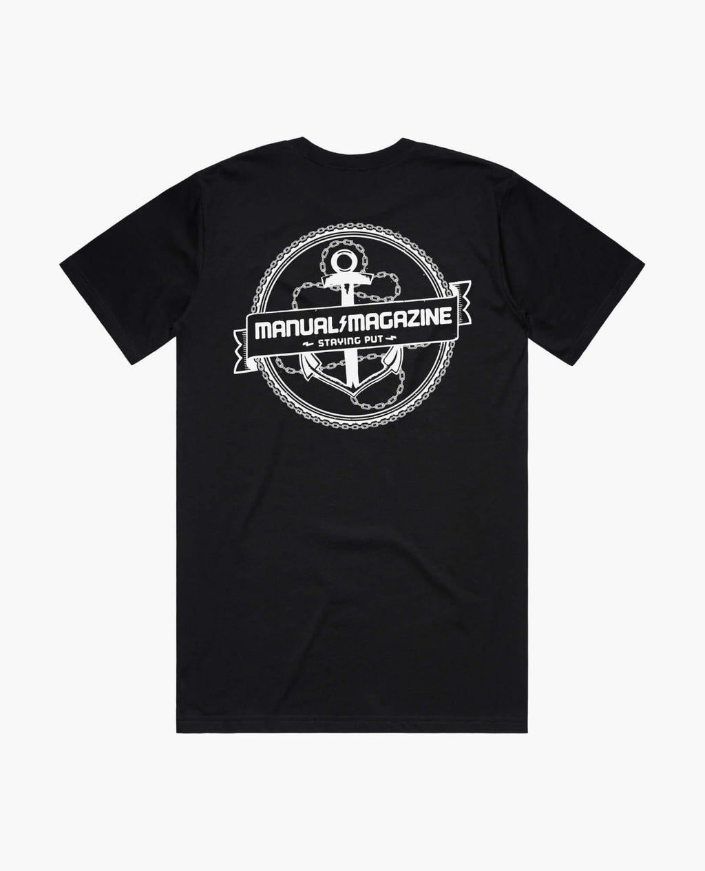 A product photo of the Manual Staying Put t-shirt in black. Showing the back print.