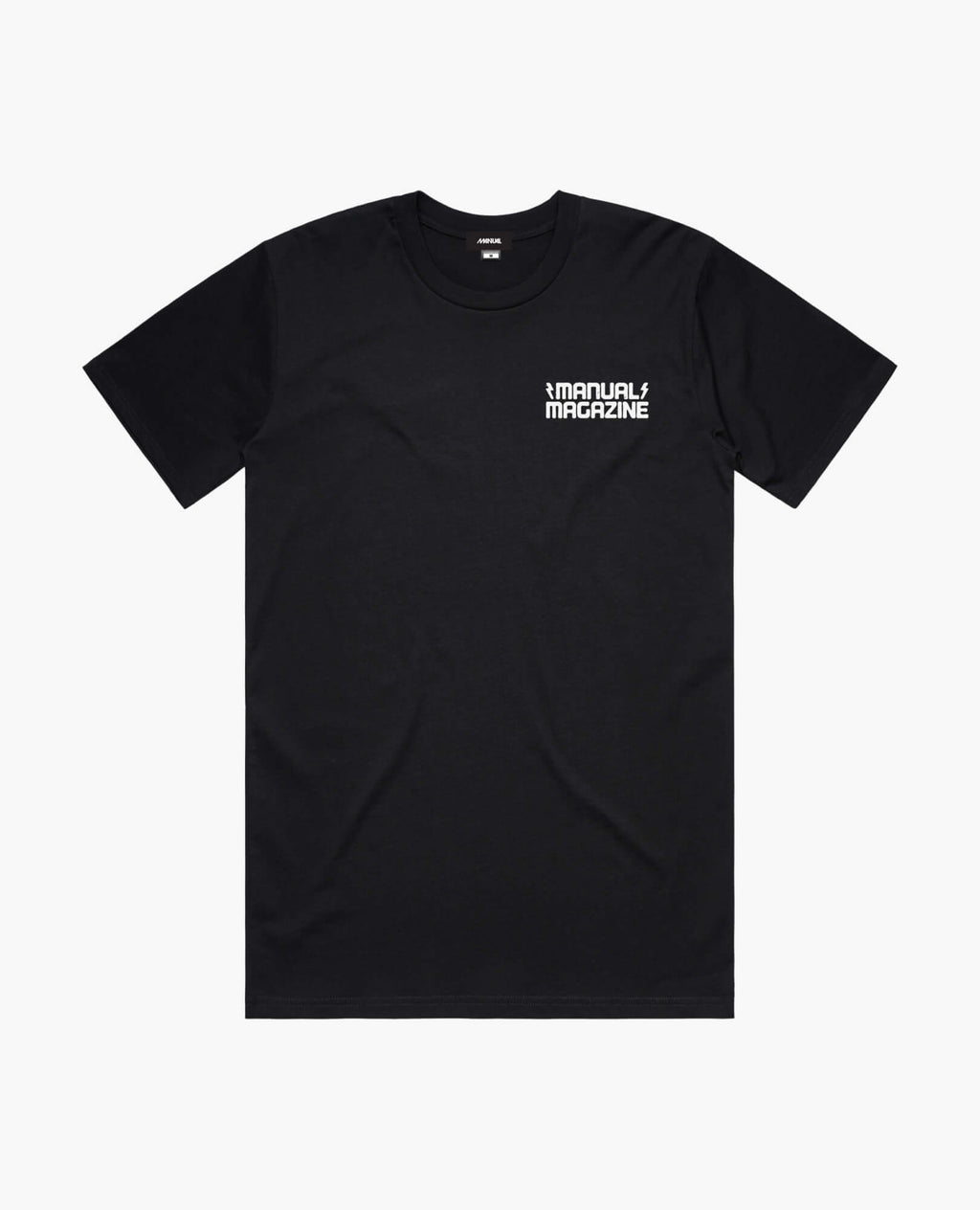 A product photo of the Manual Staying Put t-shirt in black. Showing the front print.