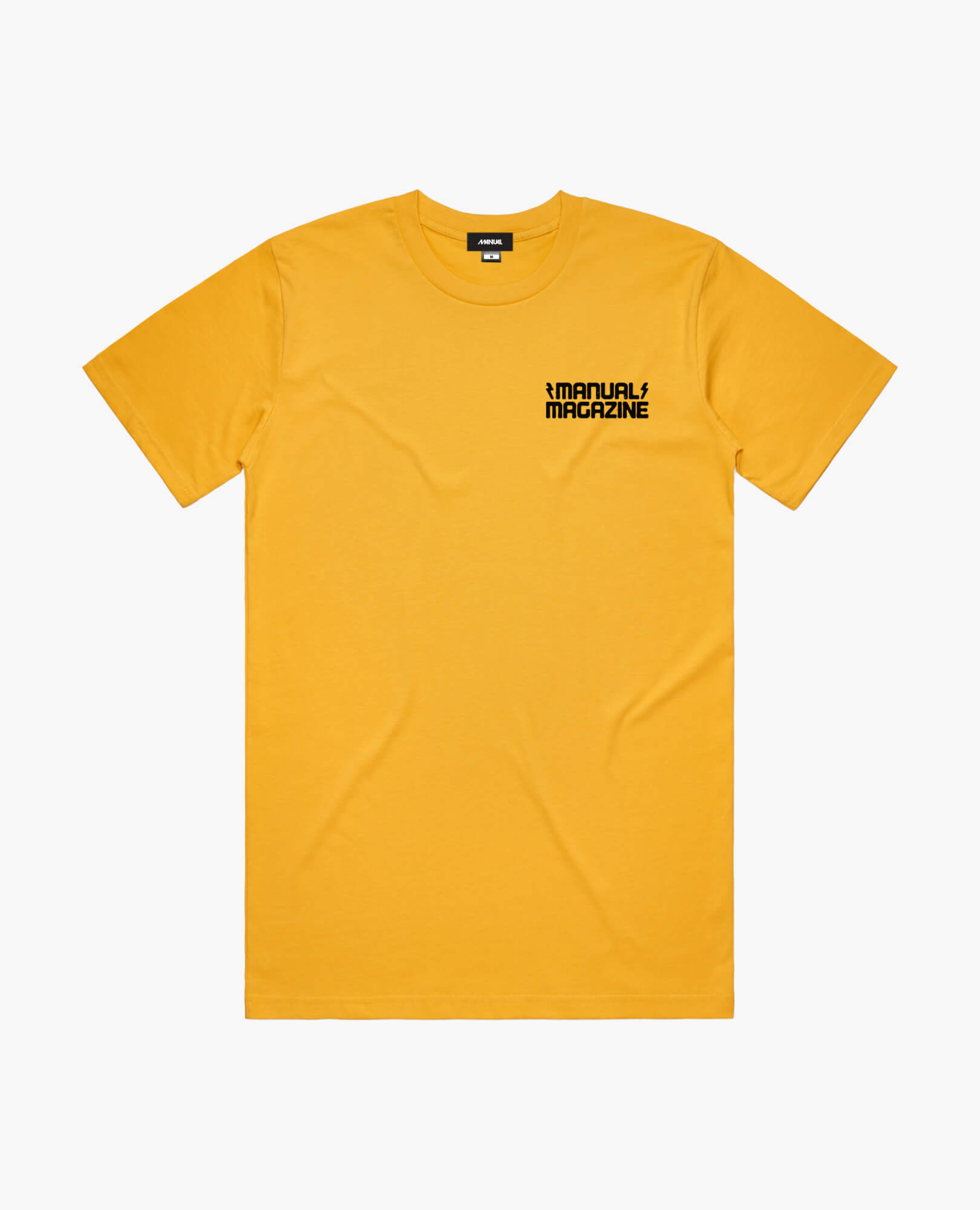 A product photo of the Manual Staying Put t-shirt in yellow. Showing the front print.